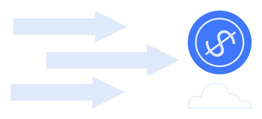 Obraz premium Three arrows point towards a dollar coin and cloud, symbolizing financial growth, digital transactions, progress, cloud computing, efficiency, wealth creation, business innovation. A clean flat