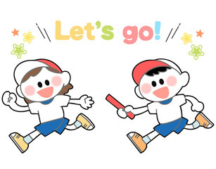運動会　リレーをする子ども達のイラスト