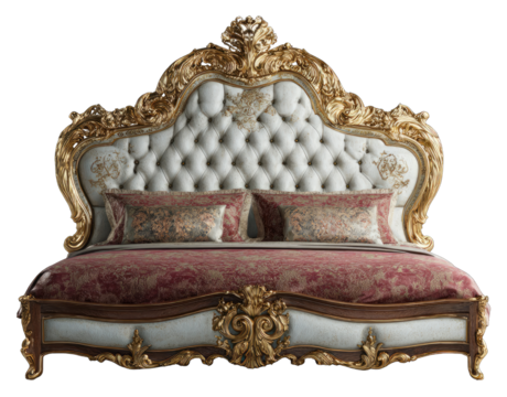 Ornate gold-accented bed with tufted headboard