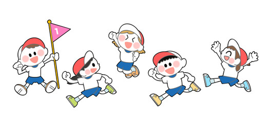 みんなで楽しくかけっこする5人の子どもたちのイラスト