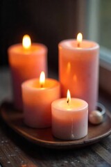 Close-up of several burning candles, wax dripping, soft focus, suggesting relaxation and stress relief Perfect for articles on aromatherapy, self-care, or mindfulness , cozy, fire, light