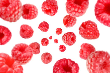 Fresh raspberries swirling in air against white background