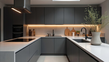 Modern minimalist kitchen features sleek matte gray porcelain countertops, flat panel gray cabinetry. Black fixtures, sink, faucet complement design, under cabinet lighting adds warm ambiance.