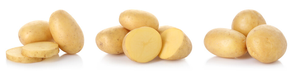 Fresh raw potatoes isolated on white, set