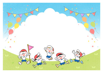 みんなで楽しくかけっこする5人の子どもたちと青い空の背景イラスト(横長、バナー、ポスター)