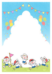 みんなで楽しくかけっこする5人の子どもたちと青い空の背景イラスト(縦長、バナー、ポスター)