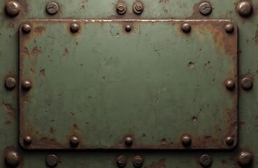 Khaki metal texture background with grunge aesthetic. Features riveted panels and signs of rust, perfect for military or army-themed designs, banners, and wallpapers.