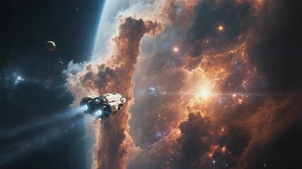 Spaceship travels through a nebula near a planet in a stunning space scene - Powered by Adobe