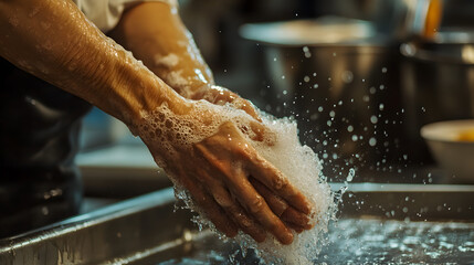 A person washing their hands with soap and water in a metal sink in a kitchen environment setting seen close up