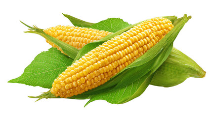 Fresh corn ears with leaves set isolated on white background as package design element