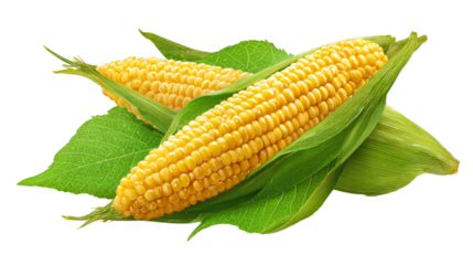 Fresh corn ears with leaves set isolated on white background as package design element