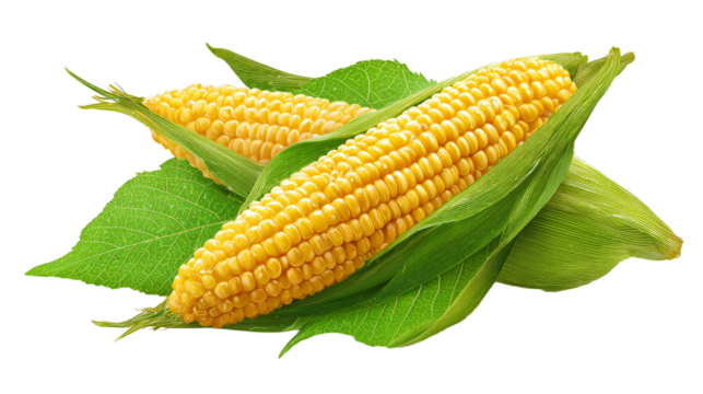 Fresh corn ears with leaves set isolated on white background as package design element