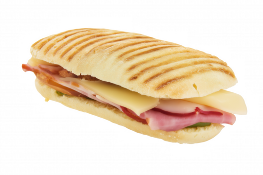 Freshly grilled sandwich cut in half with ham, cheese, and lettuce on transparent background