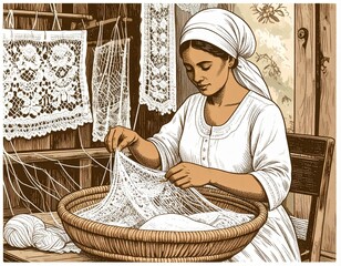 Mulher Nordestina Fazendo Renda em Cena Tradicional Ilustrada
