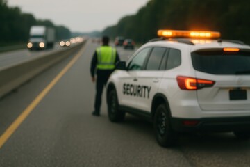 Security patrol car and officer controlling highway traffic