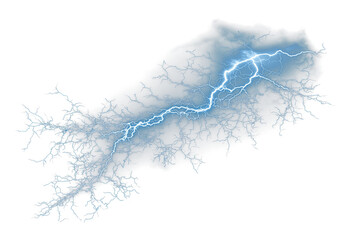 Fototapeta premium A striking blue lightning bolt with bright electric energy, rendered on a transparent background as a PNG. The vivid, dynamic design captures power, intensity, and dramatic visual impact.