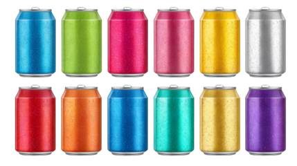 Soda in colored aluminum cans set icons isolated on white background. Soft drinks sign. Carbonated non-alcoholic water with different flavors. Drinks in colored packaging. Vector illustration