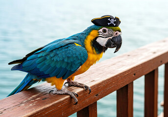 Colorful Parrot Pirate Close-Up with Tiny Hat on Ship Railing