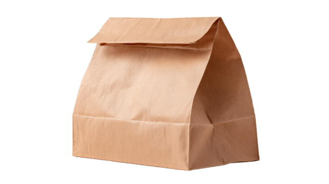 Take away bag, market shopping, folded paper sack, food delivery, responsible wrapping, copy space on white background