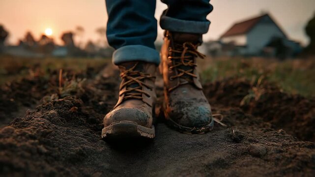 At dusk, a farmer strolls through a field.  An up-close view of boots on dirt