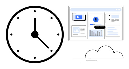 Clock showcasing precision, digital dashboard with graphs, and cloud element representing productivity, efficiency, and technology. Ideal for workplace, organization, scheduling, data goals