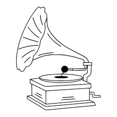 Illustration of a vintage gramophone with a large horn speaker and a record player in black and white