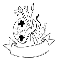 Hand drawn art supplies featuring a palette with paint brushes and bottles with a banner below it