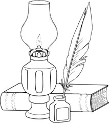 A vintage scene depicting an oil lamp, quill in inkwell, and book rendered in black and white line art