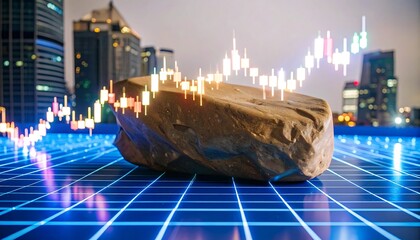 A large, earthy-toned rock sits atop a digital grid, with a vibrant  market chart overlaying a cityscape backdrop, showcasing a rising trend.