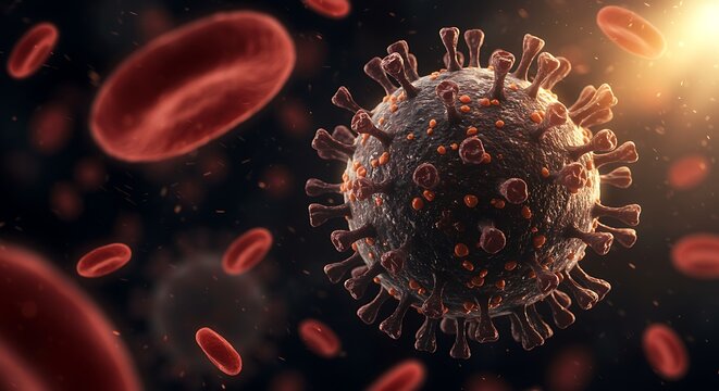 Microscopic View of Coronavirus Particle and Red Blood Cells covid19 pandemic - Powered by Adobe
