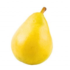 Single vibrant yellow pear with brown stem on transparent background