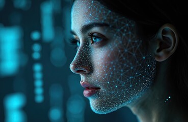 Woman face overlaid with glowing digital network grid. AI creates virtual human clone, data transfer, futuristic technology, digital identity transformation. Mind, brain, innovation theme.