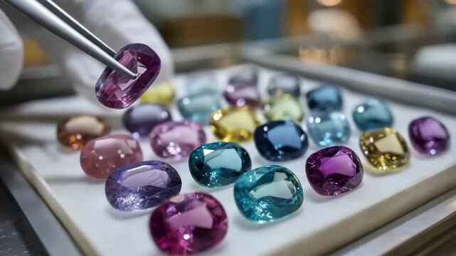 Under specialised lighting, an expert evaluates several vibrant diamonds on a white tray, determining their brilliance and flaws in order to certify them.