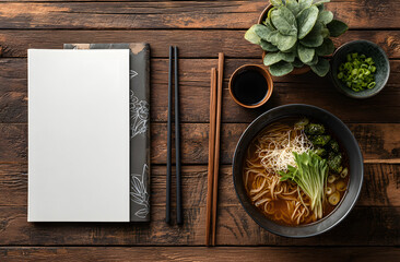 Flat lay of Asian restaurant menu mockup with ramen bowl. White paper template on dark wooden background. Nearby chopsticks, bowl of green onions, potted plant. Ideal for food ads, cafes, Japanese