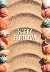 Happy birthday message written in white letters on a sandy beach with colorful seashells