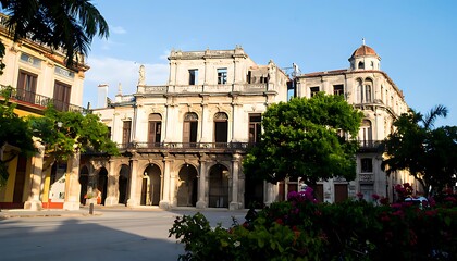 Historic plaza with aged buildings and lush greenery.