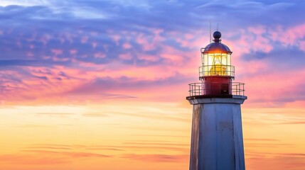 Tall lighthouse with white and red stripes, standing on a rocky coastal cliff, guiding ships with its bright beam against a blue sky and crashing ocean waves, at sunrise or sunset. Ideal for nature