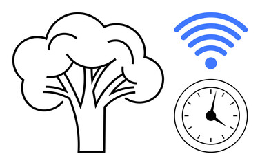 Tree symbol for nature, clock for time management, and wireless icon for connectivity. Ideal for sustainability, technology, efficiency, communication, eco-awareness, innovation simple flat metaphor