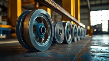 Industrial factory rollers aligned on floor, machinery background