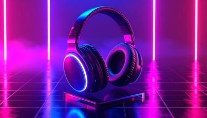 Captivating wireless headphones radiating with stunning neon pink and blue light reflections, symbolizing immersive digital audio, gaming, and innovative technology trends.