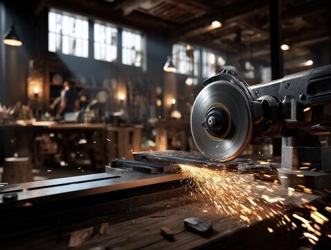 Circular grinder sparks in a craftsman's workshop through focused lighting