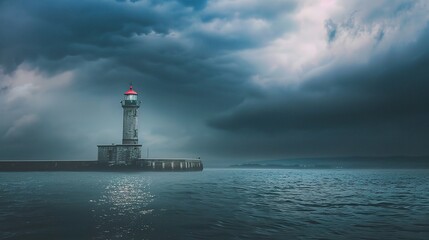Tall lighthouse with white and red stripes, standing on a rocky coastal cliff, guiding ships with its bright beam against a blue sky and crashing ocean waves, at sunrise or sunset. Ideal for nature