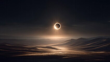 A total solar eclipse casts a dramatic, ethereal glow over a vast, desolate landscape of rolling hills and a hazy, low-lying plain at twilight