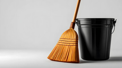 Yellow domestic broom and mop with buckets for sweeping and mopping a tidy floor