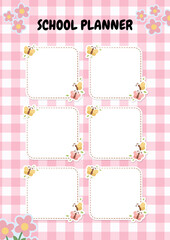 Cute pink gingham school planner template with floral accents