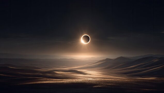A total solar eclipse casts a dramatic, ethereal glow over a vast, desolate landscape of rolling hills and a hazy, low-lying plain at twilight