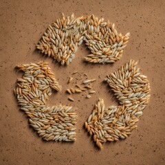 Concept of Sustainability and Recycling with Seeds Forming Recycle Symbol on Brown Background