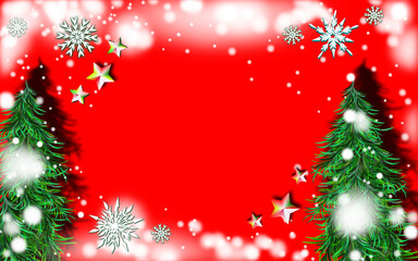 Red christmas background with pine trees, white snowflakes, falling snow and shiny stars. Festive holiday frame design.