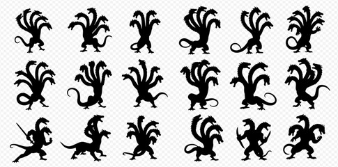 A collection of black silhouettes depicting the mythical multi-headed Hydra monster in various dynamic poses and actions.