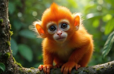 Fototapeta premium Curious orange monkey with large eyes sits on tree branch amid jungle foliage. Young primate vibrant fur, playful demeanor. Close-up portrait captures bright orange color, soft fur texture in natural